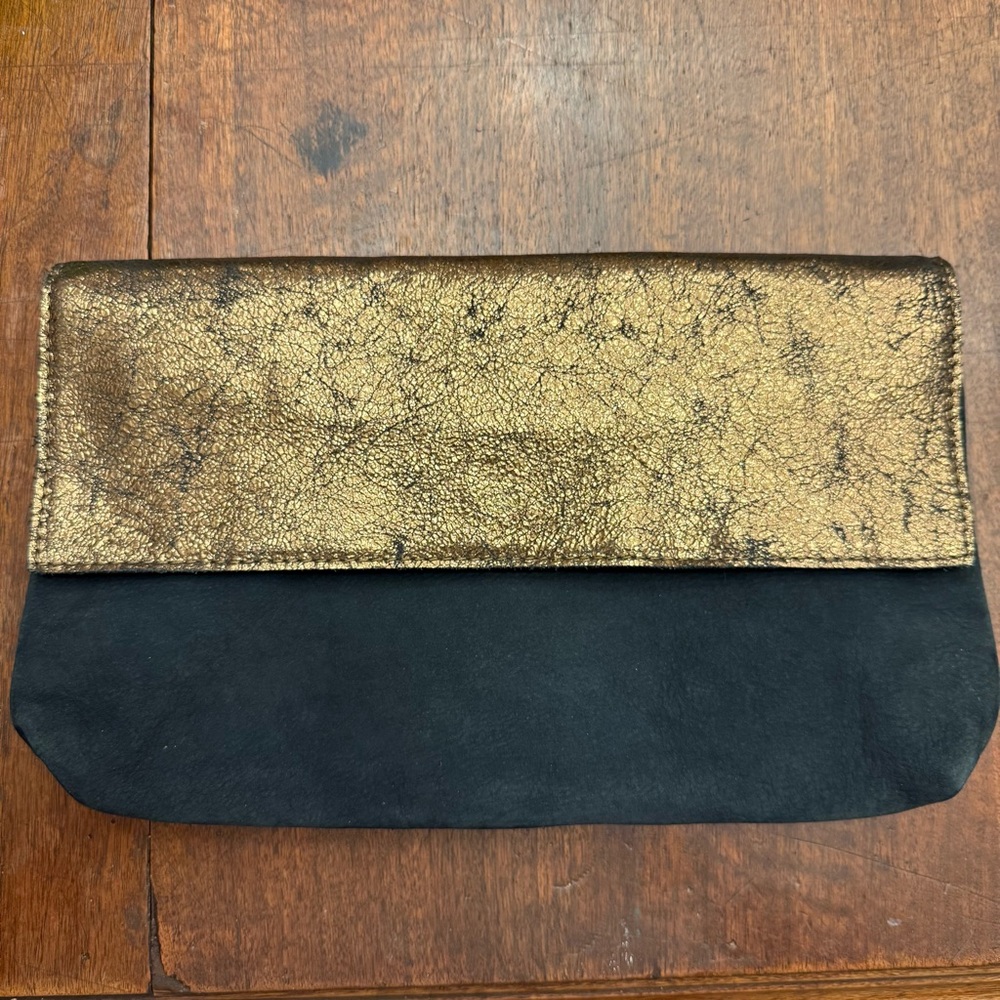 Anthropologie Black/Gold(bronze) metallic leather clutch NWOT